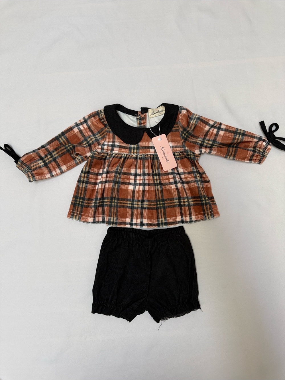 Marie Nicole Brown Plaid Top with Black Bloomers Baby Set